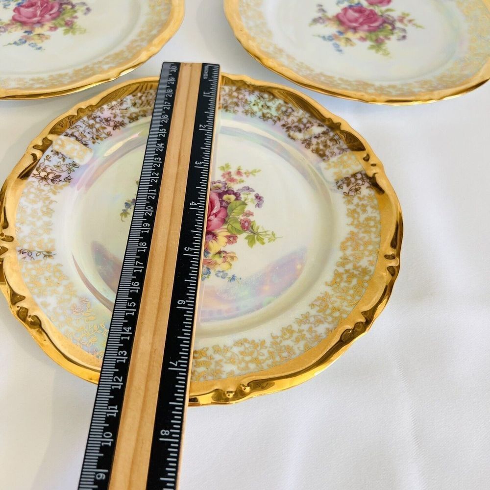 3 Antique Bavaria Heavily Gold Gild Luster Dessert Plates Pink Roses Flowers - Picture 8 of 9